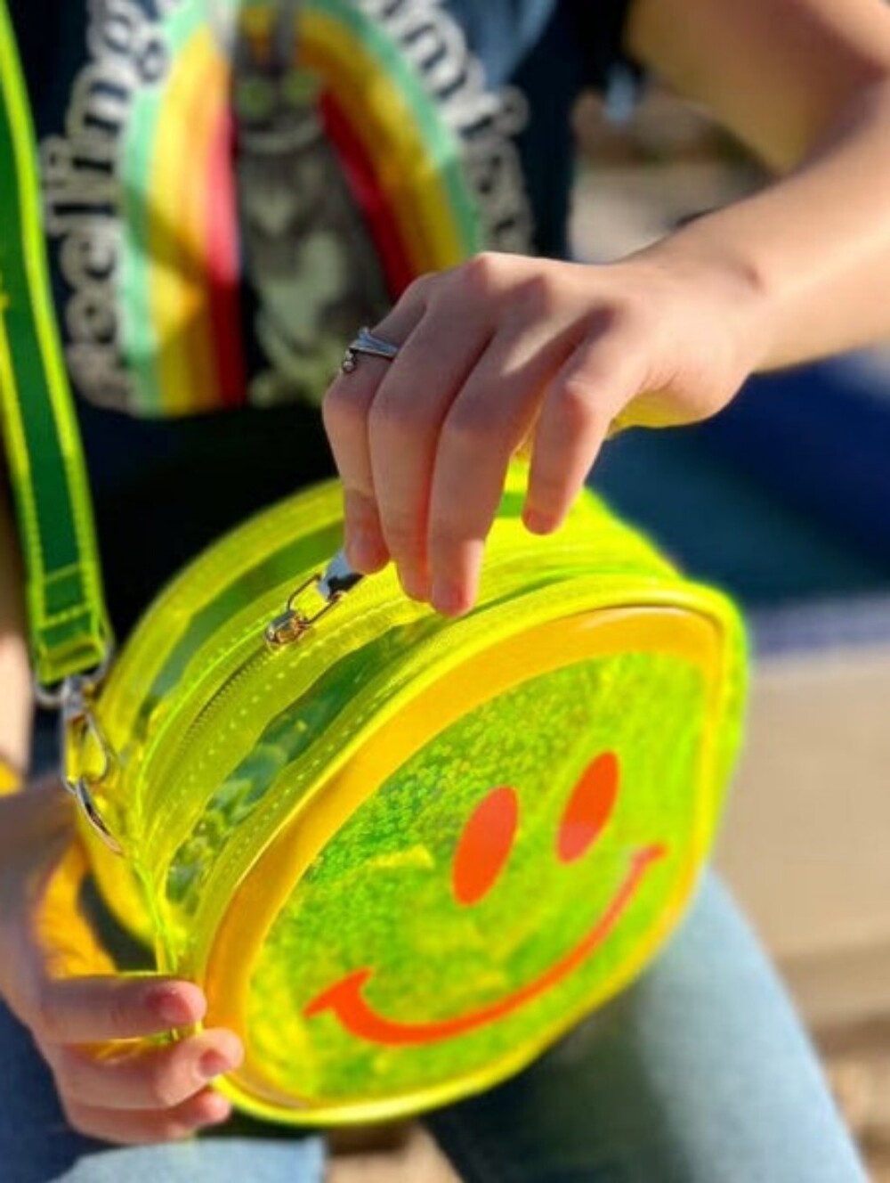 Christmas gift. Bewaltz jelly yellow smiley round crossbody filled with glitter.